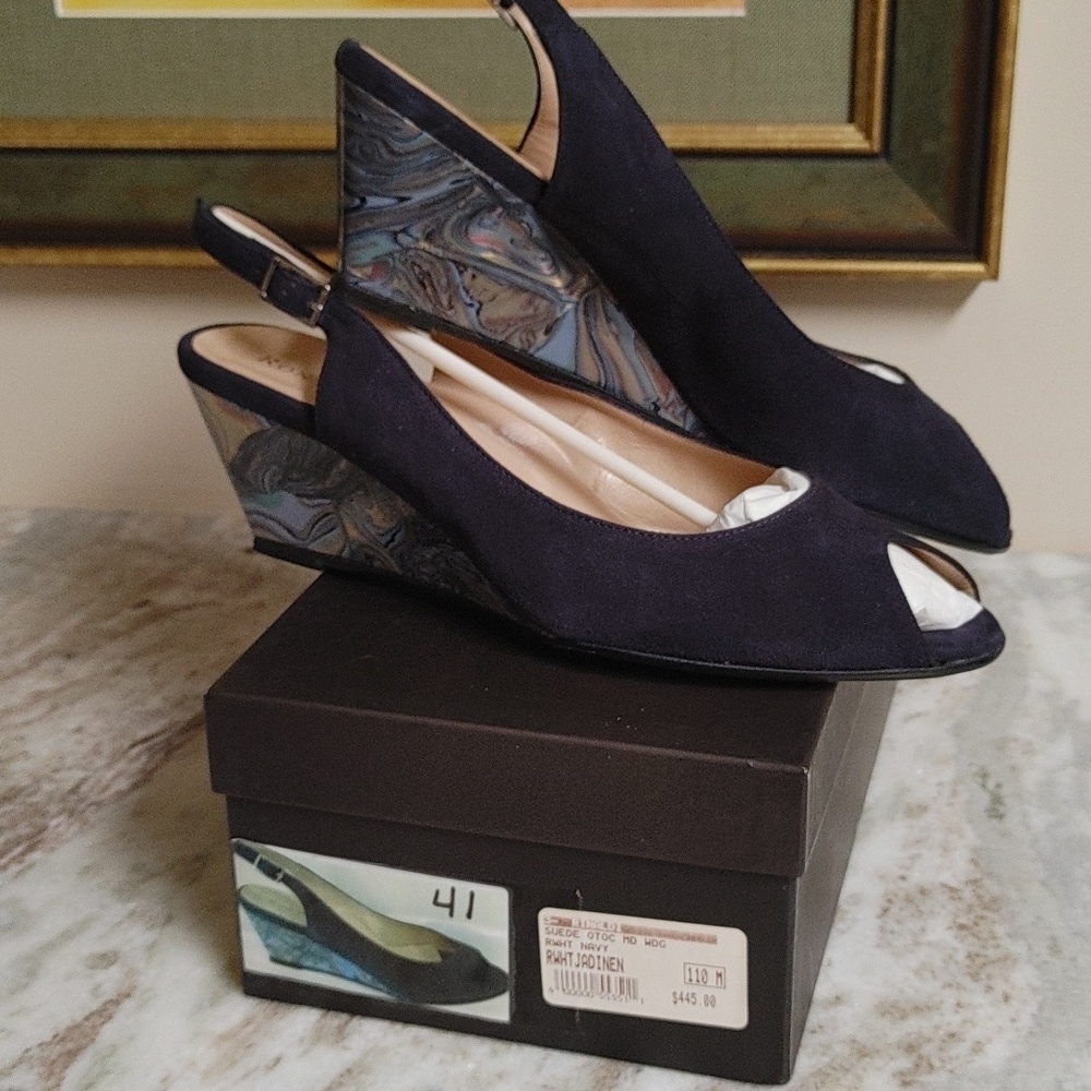 Ron White Navy Suede Jadinen Wedge Slingback Open Toe Shoe Size 41
